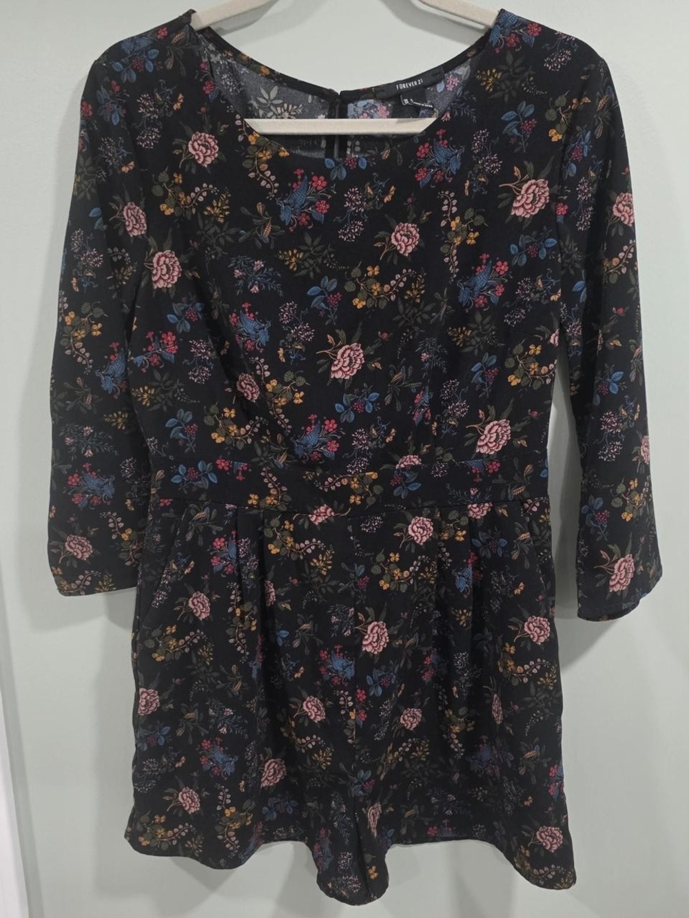 Forever 21 Black Floral Romper with Pink & Blue Blooms